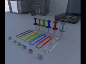 alfinetes de agulhas, clipes de papel e pacote de tachinhas Modelo 3D