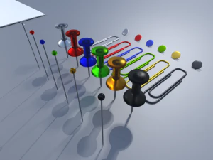 alfinetes de agulhas, clipes de papel e pacote de tachinhas Modelo 3D