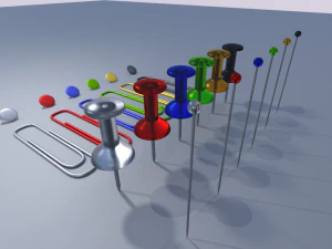 alfinetes de agulhas, clipes de papel e pacote de tachinhas Modelo 3D