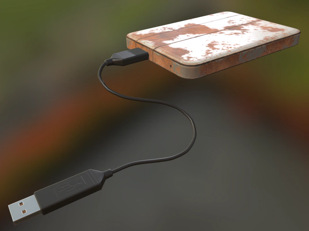 external hdd with usb cable rigged rusty version 3D Model .c4d .max .obj .3ds .fbx .stl .blend 