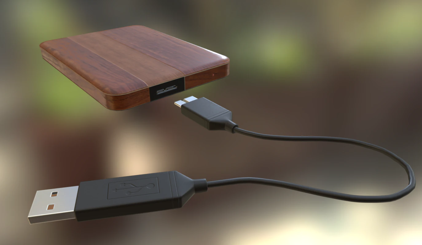external hdd with usb cable rigged wood version 3D Model .c4d .max .obj .3ds .fbx .stl .blend