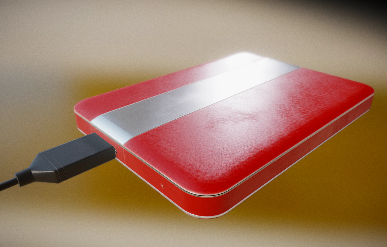 external hdd with usb cable rigged red leathe 3D Model .c4d .max .obj .3ds .fbx .stl .blend 