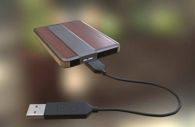 external hdd with usb cable rigged wood metal 3D-Modell .c4d .max .obj .3ds .fbx .stl .blend 