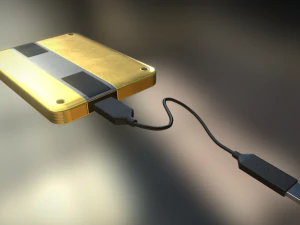 external hdd with usb cable rigged gold version 3D Model