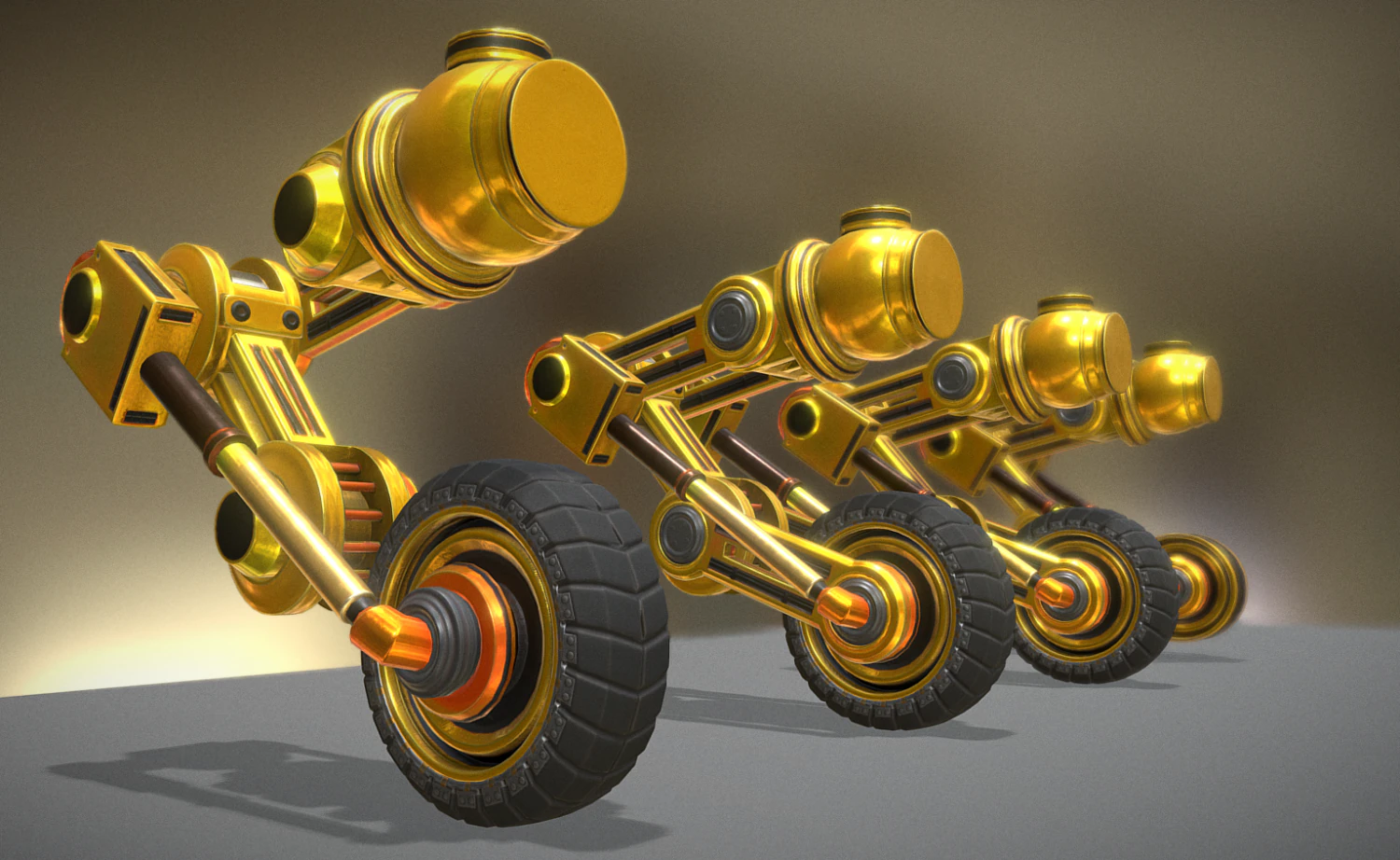 hydraulic suspension with tires yellow 3D Model .c4d .max .obj .3ds .fbx .stl .blend 