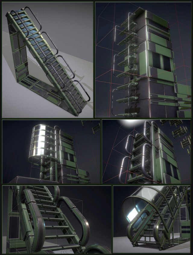 sci-fi ladders and stairs green 3D मॉडल .c4d .max .obj .3ds .fbx .stl .blend 