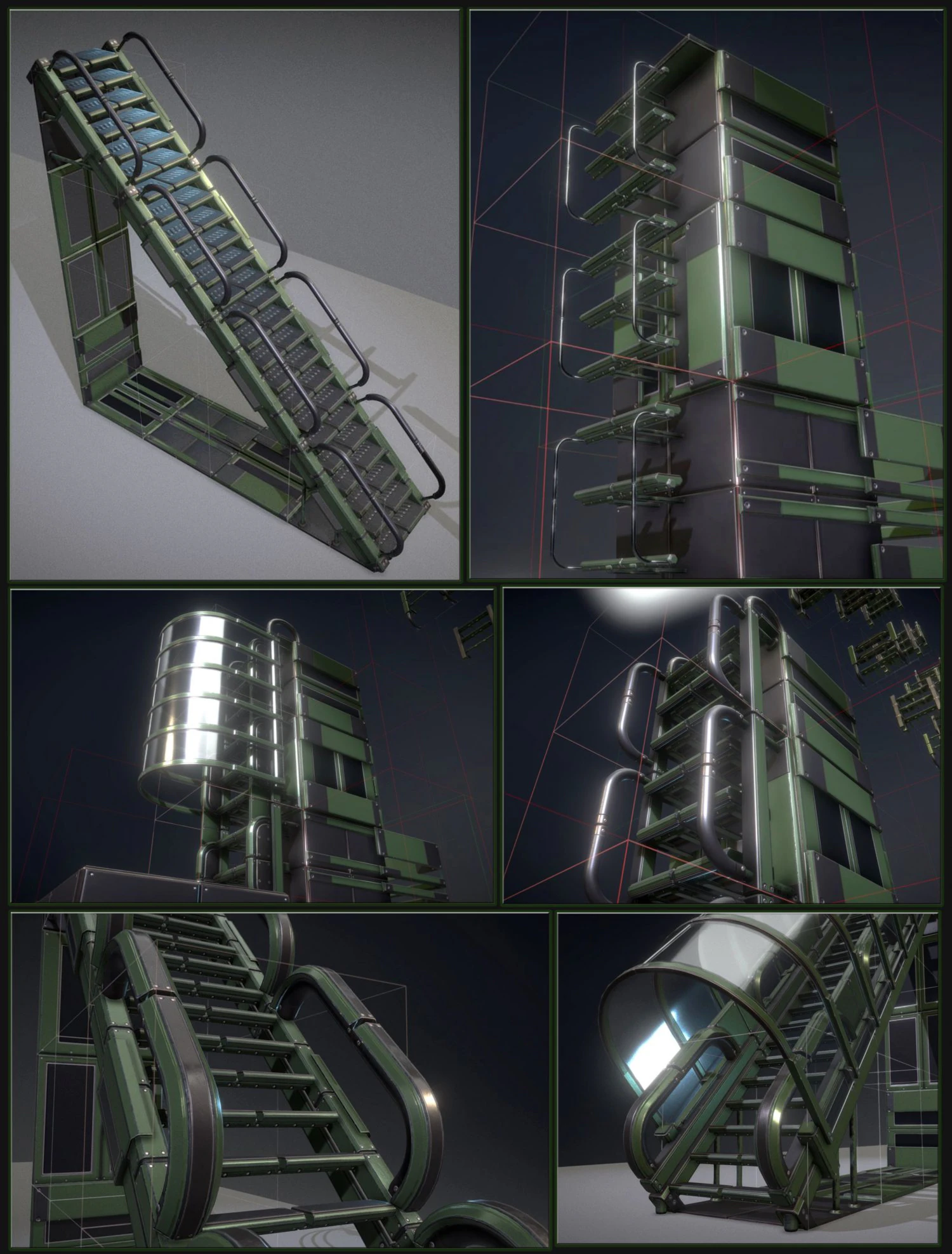 sci-fi ladders and stairs green 3D Model .c4d .max .obj .3ds .fbx .stl .blend