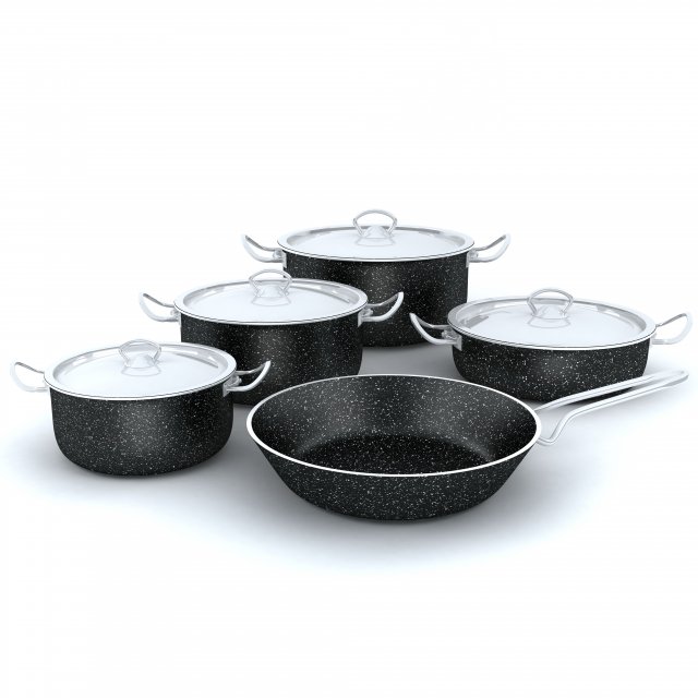 Granite cookware set 9 pcs black stainless handle 3D 模型 .c4d .max .obj .3ds .fbx .stl .blend 