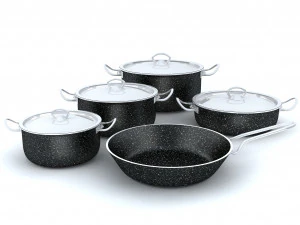 Zestaw naczyń granitowych, 9 szt., czarny uchwyt ze stali nierdzewnej Model 3D