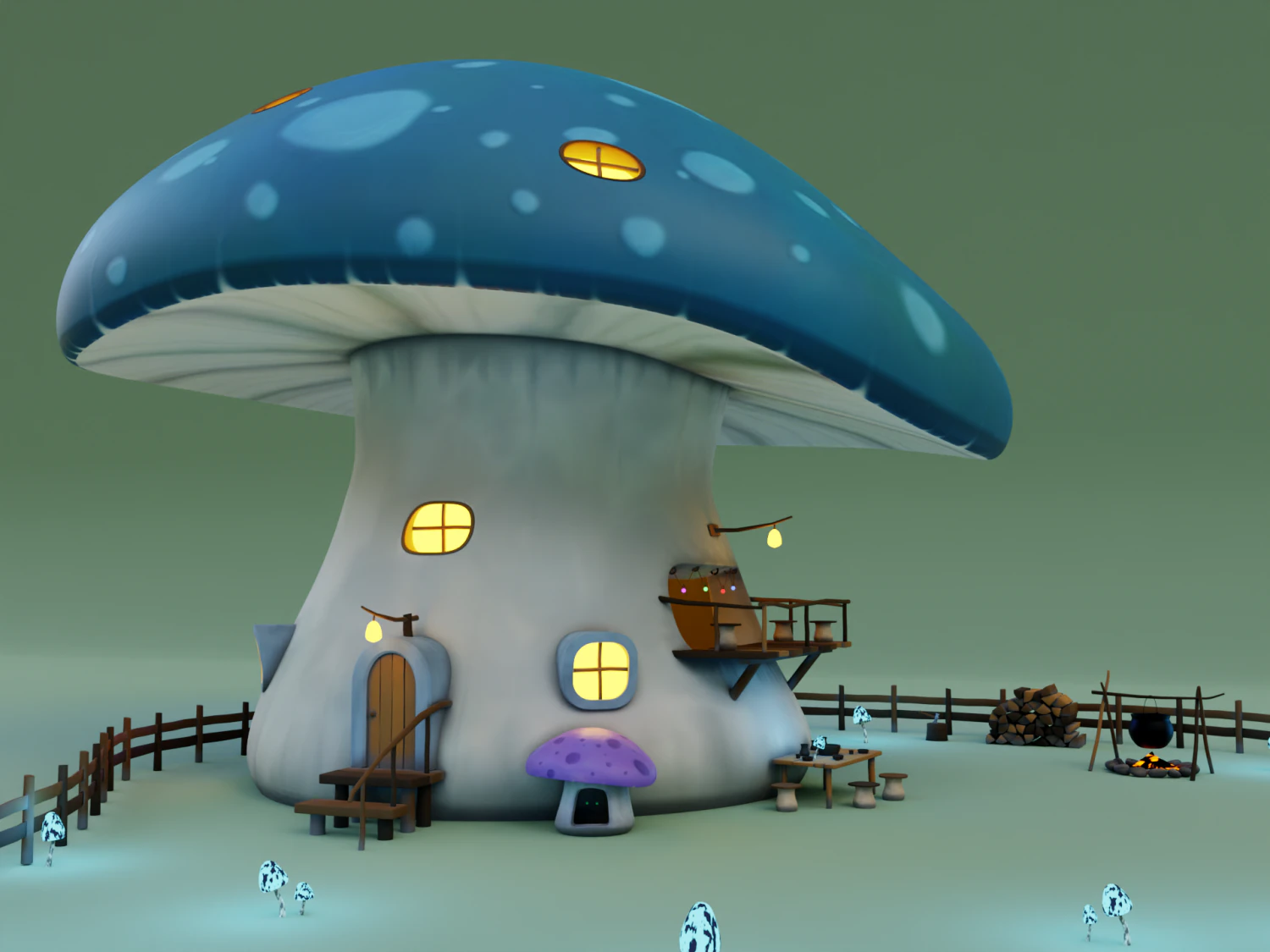 mushroom house scene 3D Model .c4d .max .obj .3ds .fbx .stl .blend 
