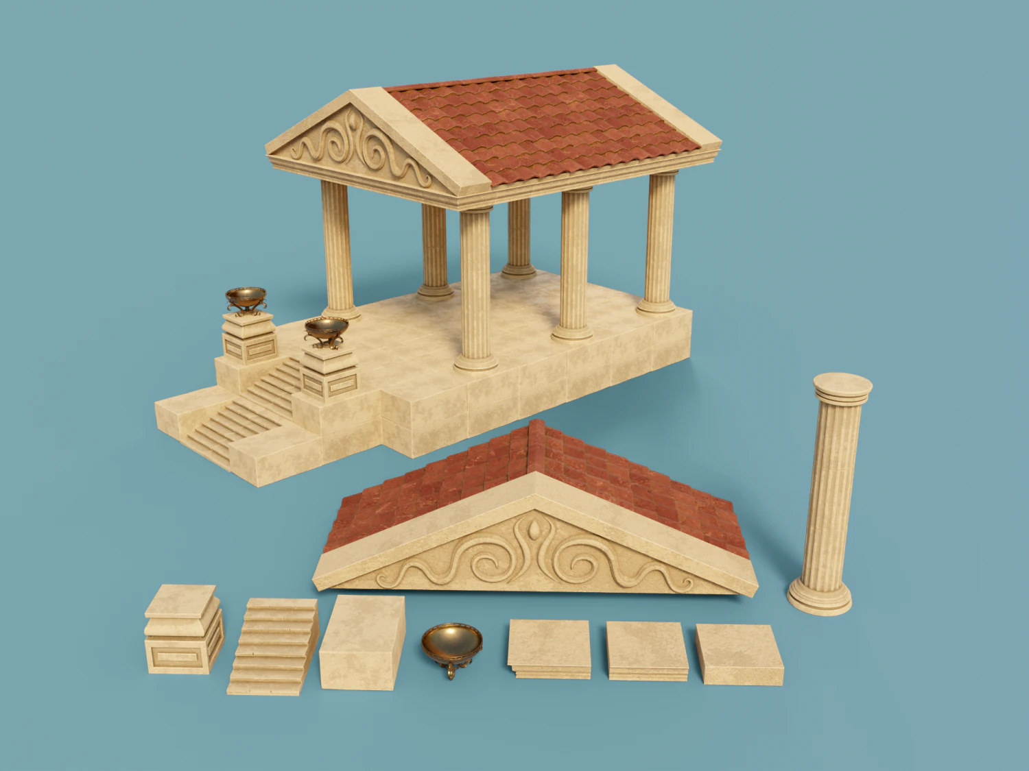 ancient temple building set 3D Model .c4d .max .obj .3ds .fbx .stl .blend