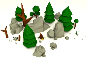 pacchetto di rocce e alberi low poly Modello 3D