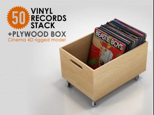 50 vinyl records stack with plywood box rigged 3D Model