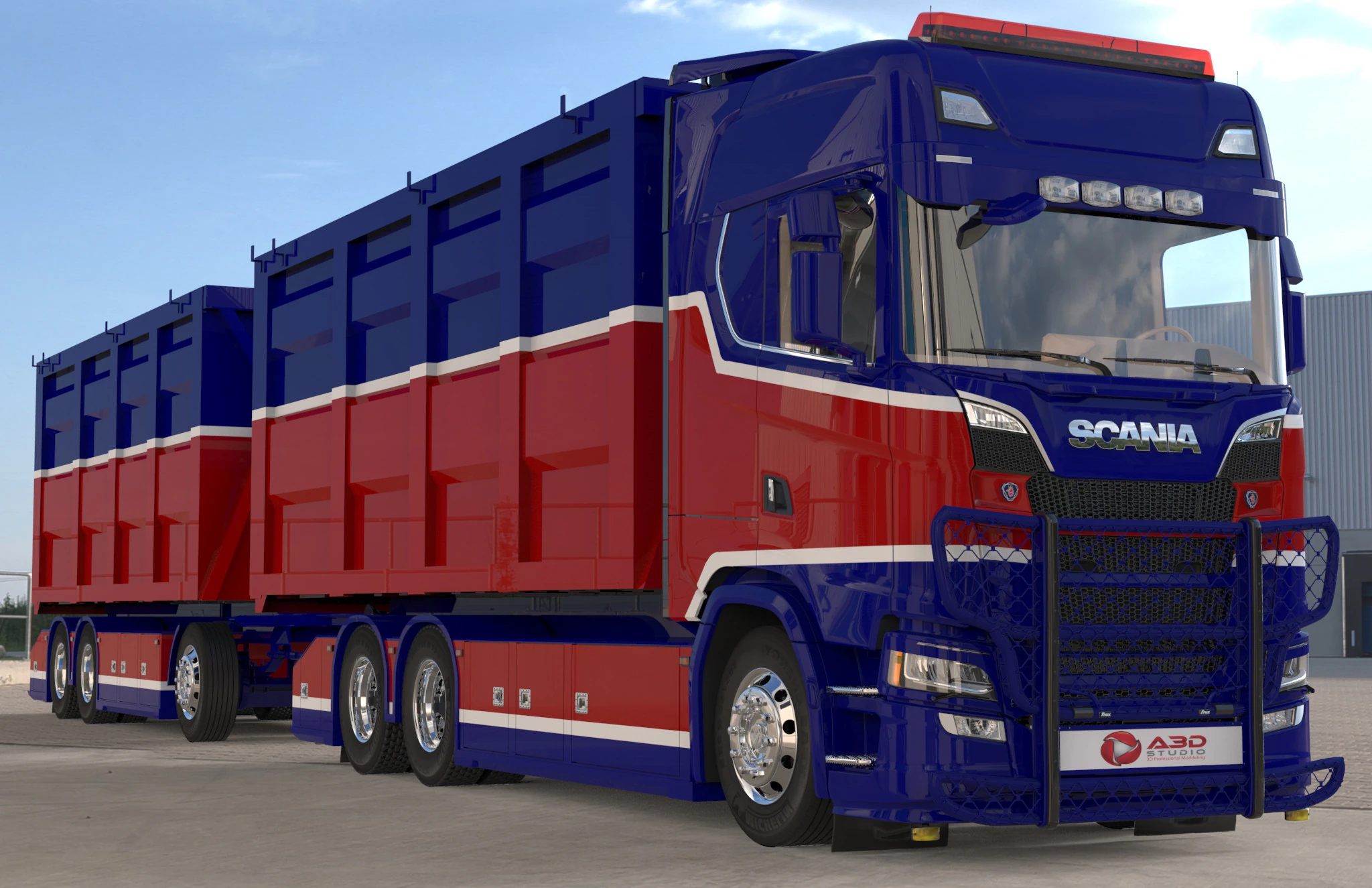 3D Scania S730 Tandem Container Trailer 3D Model .c4d .max .obj .3ds .fbx .stl .blend 