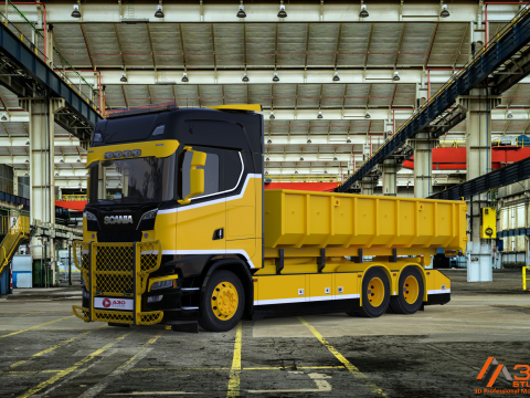 3D Scania S730 Tandem HKL Container With Trailer Model 3D