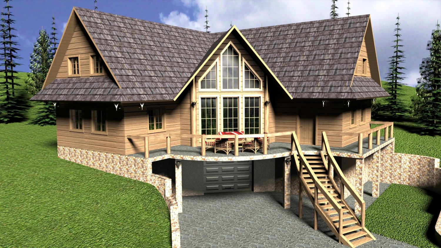 log house with garage 3D Model .c4d .max .obj .3ds .fbx .stl .blend