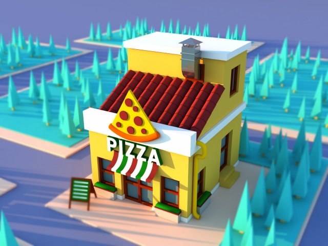 Cute Cartoon Pizza Cafe 3D Model .c4d .max .obj .3ds .fbx .stl .blend 