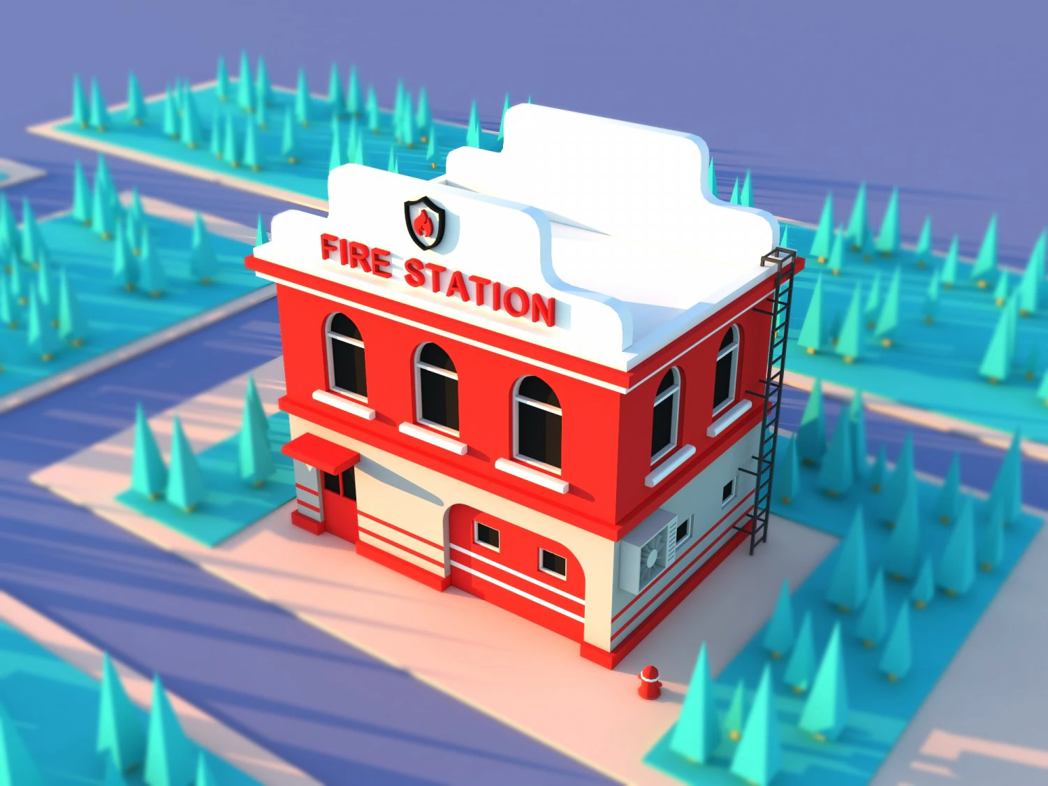 Cute Cartoon fire station - department 3D Model .c4d .max .obj .3ds .fbx .stl .blend 