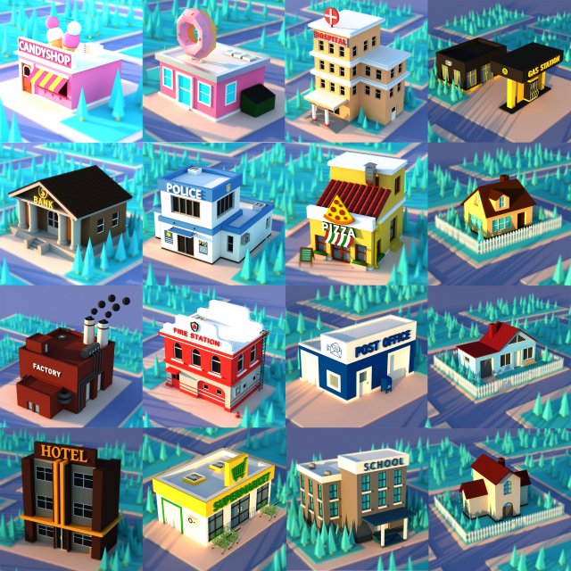 Cute Cartoon Village Collection Low Poly Modèle 3D .c4d .max .obj .3ds .fbx .stl .blend 
