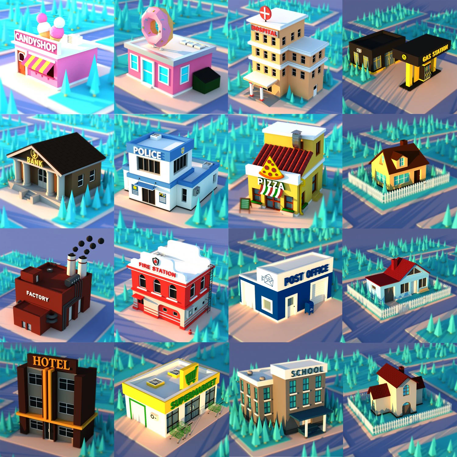 Cute Cartoon Village Collection Low Poly 3D Model .c4d .max .obj .3ds .fbx .stl .blend