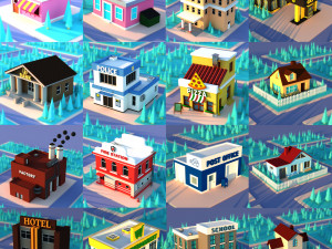 Cute Cartoon Village Collection Low Poly 3D Model