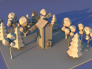 Molino de viento de pueblo de madera de dibujos animados lindo Modelo 3D