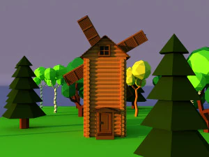 Molino de viento de pueblo de madera de dibujos animados lindo Modelo 3D