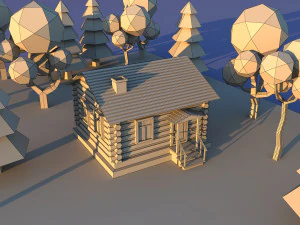 Cute cartoon wooden village privat house Low Poly 3D Model