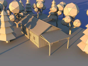 Cute cartoon village wooden livestock barn Low Poly 3D Model