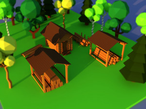 Cute cartoon village wooden lumbermill Low Poly 3D Model