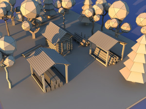 Cute cartoon village wooden lumbermill Low Poly 3D Model