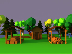 Cute cartoon village wooden lumbermill Low Poly 3D Model