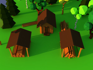 Cute cartoon village wooden lumbermill Low Poly 3D Model