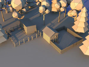 Lindo pueblo de dibujos animados granja de animales de madera Low Poly Modelo 3D
