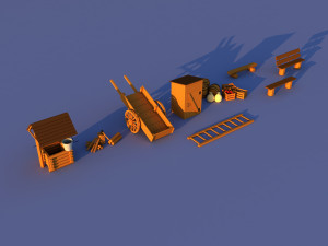 Cute Cartoon Old Wooden Village constructor Collection Low Poly Modelo 3D