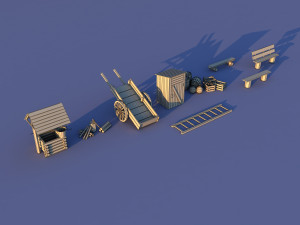 Cute Cartoon Old Wooden Village constructor Collection Low Poly Modelo 3D
