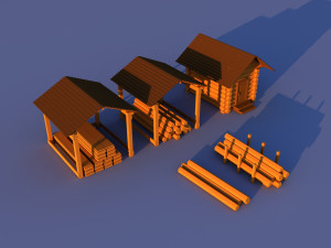Cute Cartoon Old Wooden Village constructor Collection Low Poly Modelo 3D