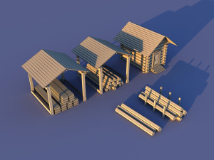Cute Cartoon Old Wooden Village constructor Collection Low Poly Modelo 3D