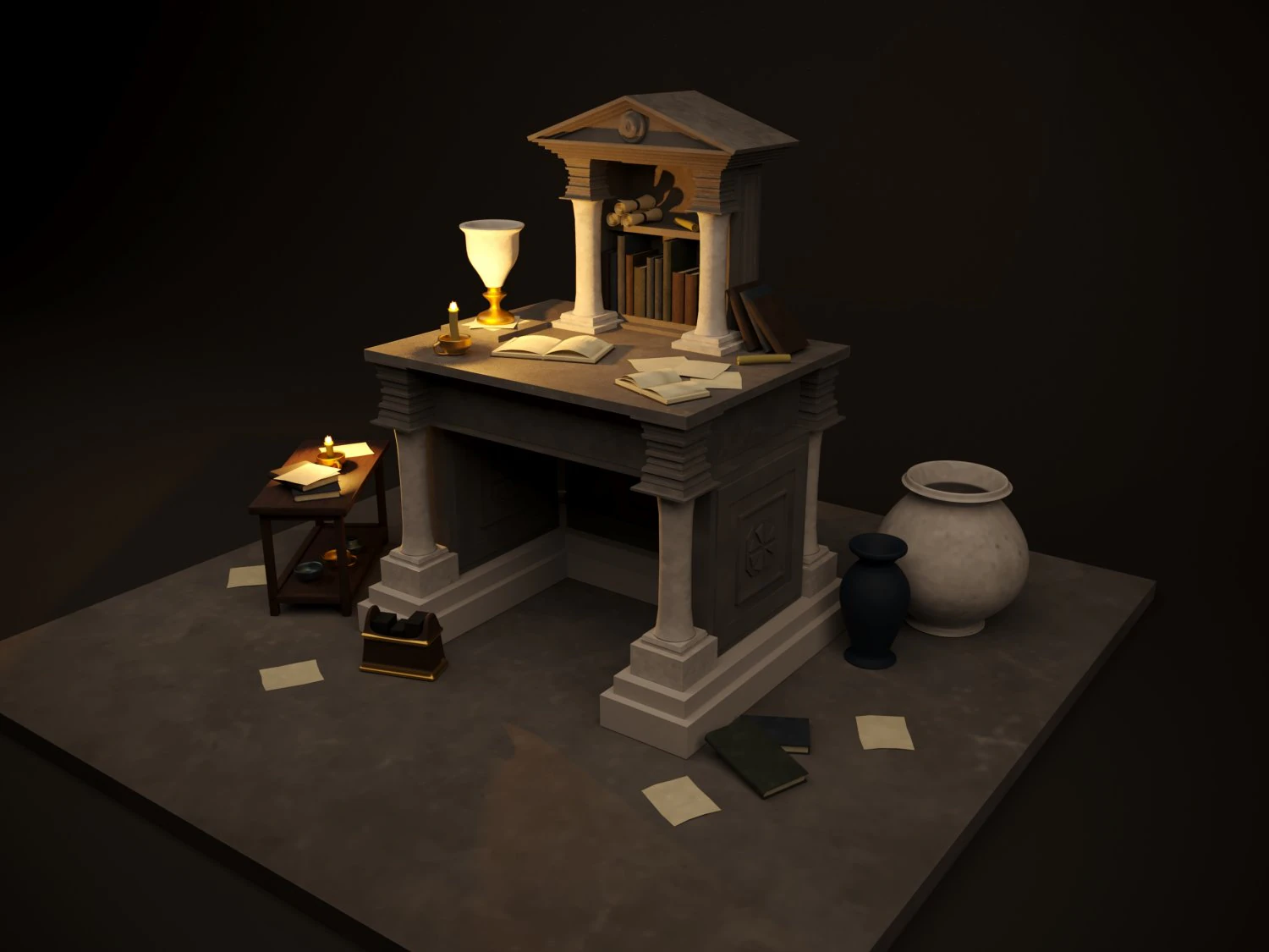 Ancient dilapidated historians desk low poly 3D Model .c4d .max .obj .3ds .fbx .stl .blend 