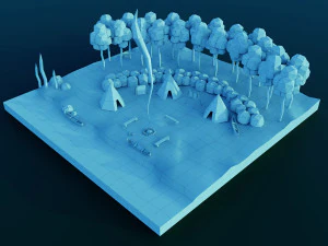 Low poly cartoon outdoor camp scene 3D Model