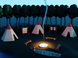 Low poly cartoon outdoor camp scene 3D Model