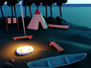 Low poly cartoon outdoor camp scene 3D Model