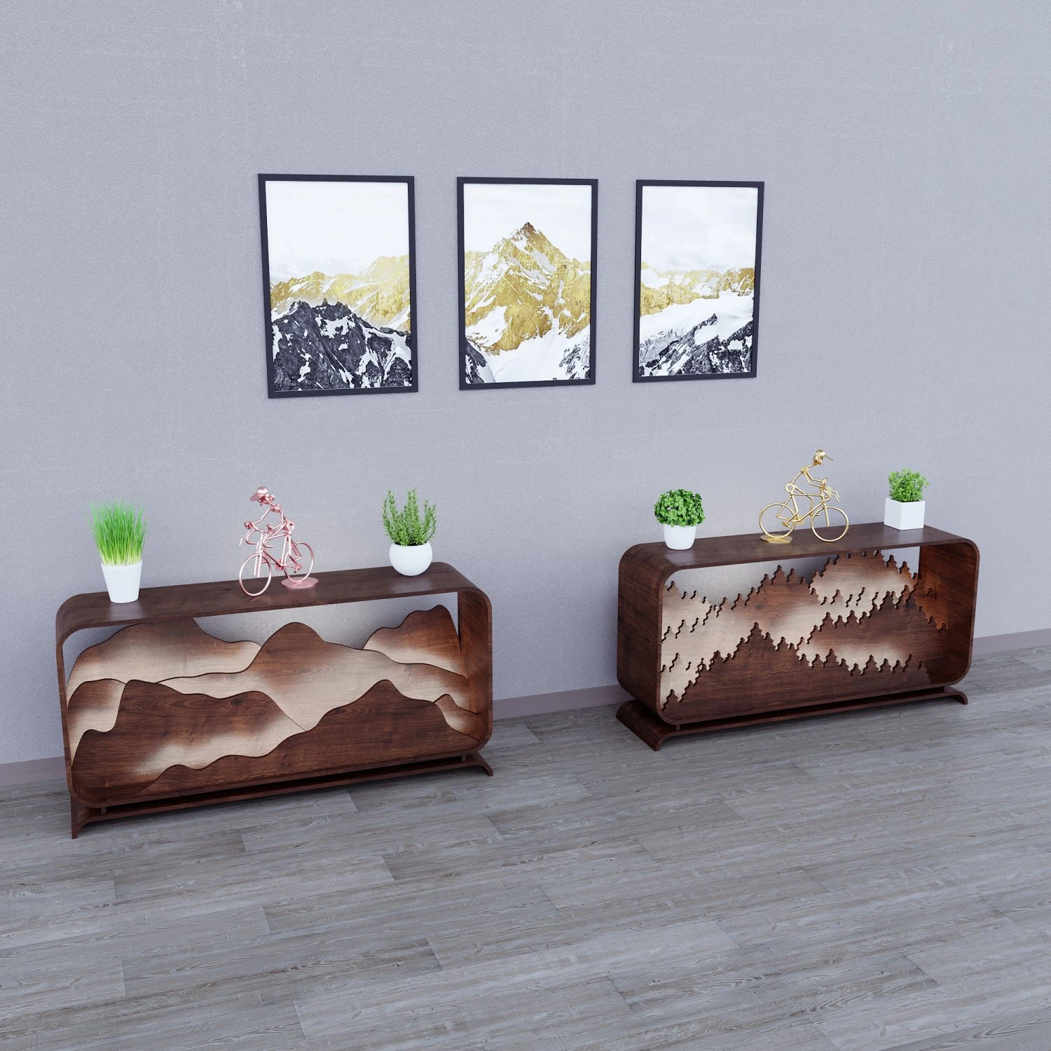 Parametric Wood Stand with a landscape of mountains and forest 3D Model .c4d .max .obj .3ds .fbx .stl .blend 