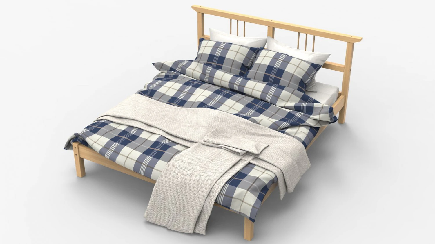 Double Bed Pine Wood 3D Model .c4d .max .obj .3ds .fbx .stl .blend 