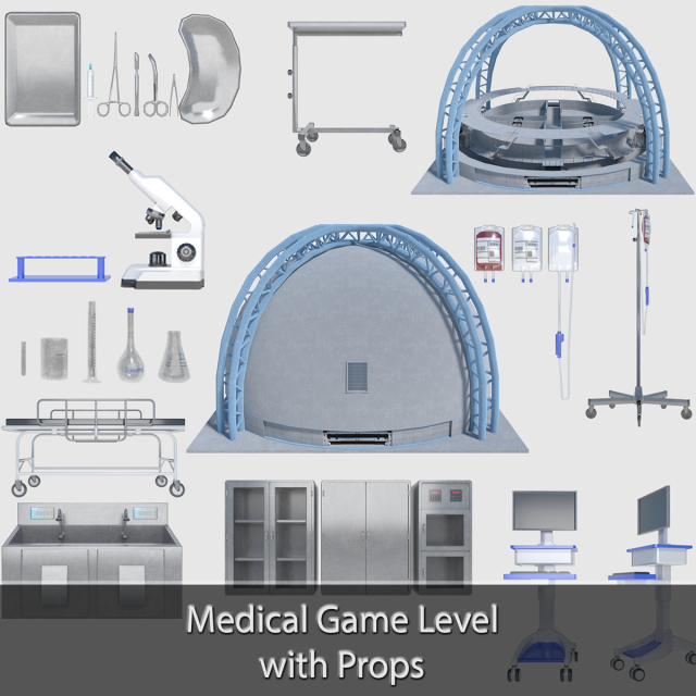 medical building with props - game level pack 3D Model .c4d .max .obj .3ds .fbx .stl .blend 