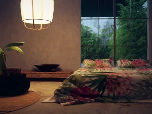 침실 열대 인테리어 낮과 밤 장면 3D 모델