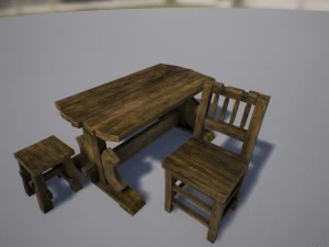 旧木椅 旧木桌 旧木小桌 3D 模型