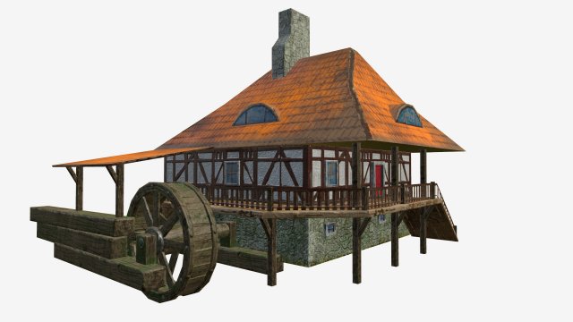 low poly water mill with hi and low lods game mode Modèle 3D .c4d .max .obj .3ds .fbx .stl .blend 