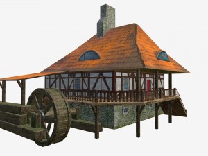 low poly water mill with hi and low lods game mode 3D 모델