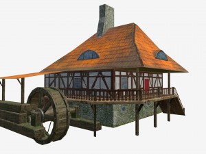 low poly water mill with hi and low lods game mode Modèle 3D